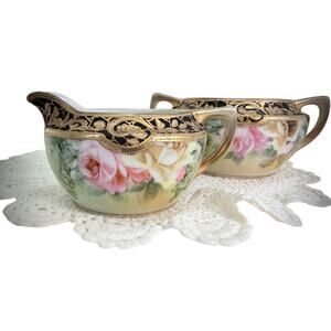 Antique Hand-Painted Nippon Creamer & Sugar Set – Multicolored Cottage Roses